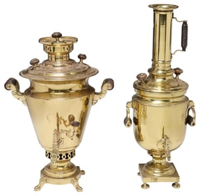 (2) BRASS SAMOVARS / HOT WATER URNS, LIKELY RUSSIAN