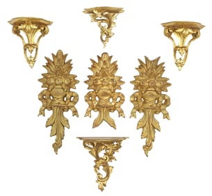 (7) GILTWOOD ARCHITECTURAL WALL BRACKETS & LOUIS XVI STYLE TROPHIES
