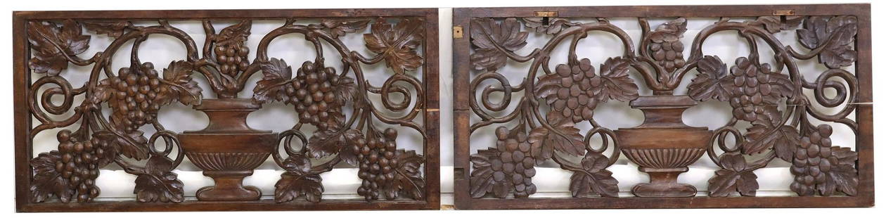 (2) ARCHITECTURAL CARVED WOOD GRAPE VINE WALL PANELS: (lot of 2) Neoclassical style architectural double-sided carved and pierced wood panels, 20th c., with urn and grape vines, each: approx 15.5&quot;h, 32&quot;w; 14.5lbs total