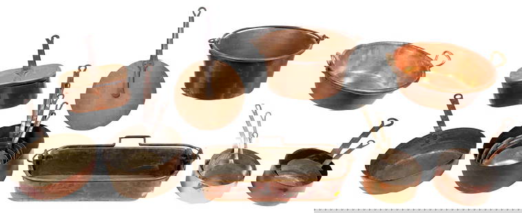 (16) FRENCH COPPER SAUCEPANS & OTHER KITCHENWARE: (lot of 16) French copper and other metal kitchenware, including: (2) buckets, (one) dual side handles, (one) iron swing handle, largest: approx 8 5/8&quot;h, 14.75&quot;diam, (7)&nbsp;graduated sauce