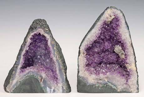 (2) GEOLOGICAL AMETHYST CATHEDRAL GEODES: (lot of 2) Geological amethyst cathedral geodes, largest: approx 11&quot;h, 7.75&quot;w, 5.25&quot;d, smallest: approx 9.5&quot;h, 8.5&quot;w, 5&quot;d, 31.5lbs total&nbsp;