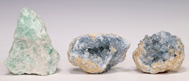 (3) GEOLOGICAL CRYSTAL SPECIMENS, CELESTITE GEODES & FLUORITE CLUSTER