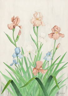 LARRY STEGALL (20TH C.) IRIS FLOWERS WATERCOLOR PAINTING: Framed watercolor and ink painting on wove paper, Group of Irises, signed lower right Larry Stegall (American, 20th c.), dated [19]86, sight: approx 24&quot;h, 17&quot;w, overall: approx 37.5&quot;h,