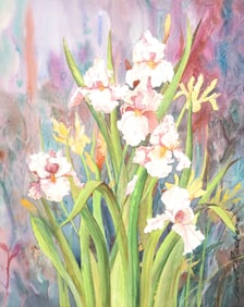 JANET RUCKER (20TH C.) PAINTING GARDEN FLOWERS IRISES, 30" X 24"