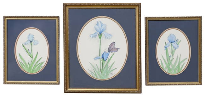 (3) LARRY STEGALL (2OTH C.) WATERCOLOR PAINTINGS OF BLUE IRIS: (lot of 3) Framed watercolor and ink paintings on wove paper, Blue Irises, each signed lower right Larry Stegall (American, 20th c.), dated [19]86, including: (1) sight: approx 19&quot;h, 15&quot;w, o