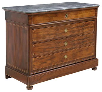 FRENCH MARBLE-TOP FIGURED MAHOGANY COMMODE: French burled mahogany commode, 19th c., having marble top, above four drawers with string inlay panels, gilt metal escutcheons with floral vases and butterfly motifs, lower additional drawer, rising