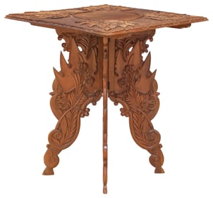 HEAVILY CARVED & INSET TEAK FOLDING SIDE TABLE, INDIA