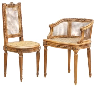 (2) FRENCH LOUIS XVI STYLE CANED WALNUT CHAIRS
