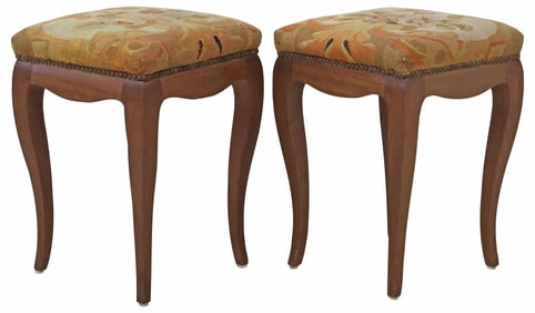 (2) FLORAL TAPESTRY-UPHOLSTERED MAHOGANY OTTOMANS / FOOTSTOOLS