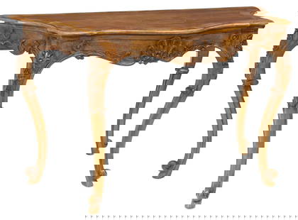 ITALIAN LOUIS XV STYLE WALNUT CONSOLE TABLE: Italian Louis XV style walnut console table, 19th c., crossbanded top, apron centered by a carved shell, on cabriole legs, approx 32.5&quot;h, 55&quot;w, 24.5&quot;d&nbsp;**Provenance: from a prominen