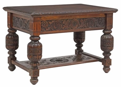 ENGLISH VICTORIAN ARTS & CRAFTS CARVED OAK LIBRARY TABLE
