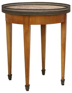 FRENCH NEOCLASSICAL STYLE MARBLE-TOP BOUILLOTTE-STYLE TABLE: French Neoclassical style mahogany bouillotte-style table, early 20th c., having round inset marble top, encircled by pierced metal gallery, rising on tapered legs, ending on square sabots, marble top