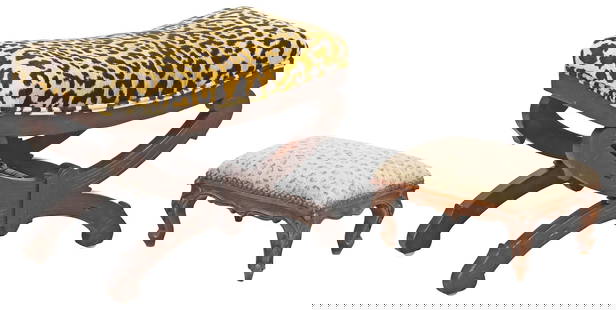 (2) CHEETAH-PRINT UPHOLSTERED OTTOMANS / FOOTSTOOLS: (lot of 2) Carved wood ottomans/ footstools, each having padded top in leopard-print upholstery, including: (1) rising on curule base, approx 16.5&quot;h, 20.5&quot;w, 12.25&quot;d; (1) Louis XV style