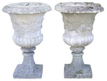 (2) CAST STONE CAMPANA-FORM GARDEN URNS