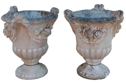 (2) CAST STONE GARDEN URN PLANTERS WITH ROSES