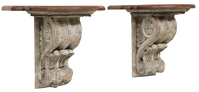 (2) NEOCLASSICAL STYLE ASSEMBLED ARCHITECTURAL CORBEL BRACKETS: (pair) Neoclassical style architectural wall brackets, assembled, each having shaped oak top, rising on cast metal scroll-form corbel, with inset floral medallion, approx 26&quot;w, 31.5&quot;d, 21.5&
