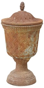 LARGE CAST IRON BASKETWEAVE GARDEN URN WITH COVER, 29"H