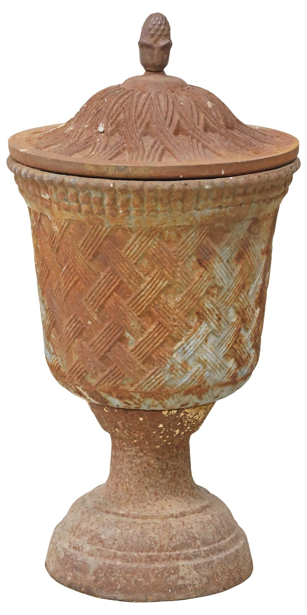 LARGE CAST IRON BASKETWEAVE GARDEN URN WITH COVER, 29"H (1 of 4)