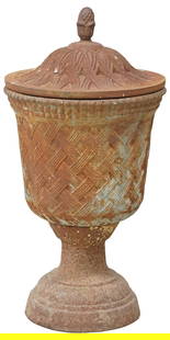 LARGE CAST IRON BASKETWEAVE GARDEN URN WITH COVER, 29"H: Cast iron covered garden urn/ planter, having domed lid with acorn finial, above tapered body with relief-molded basketweave pattern, in an oxidized finish,&nbsp;approx 28&quot;h, 13.5&quot;diam **PLE