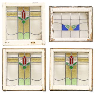 (4) ENGLISH ARCHITECTURAL STAINED & LEADED GLASS WINDOWS: (lot of 4) English architectural stained and leaded glass windows, early 20th c., white painted wood frames, encasing clear and multicolored textured glass panels, including: (3) forming central red t