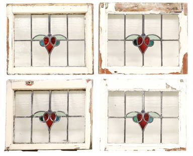 (4) ENGLISH ARCHITECTURAL STAINED & LEADED GLASS WINDOWS: (lot of 4) English architectural stained and leaded glass windows, early 20th c., white painted wood frames, encasing clear and multicolored textured glass panels, forming central heart motif,&nbsp;la