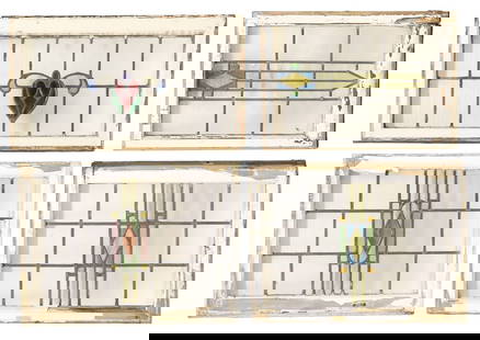 (4) ENGLISH ARCHITECTURAL STAINED & LEADED GLASS WINDOWS: (lot of 4) English architectural stained and leaded glass windows, early 20th c., white painted wood frames, encasing clear and multicolored textured glass panels, forming various geometric patterns,&