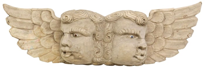 LARGE GUERRERO MEXICO FOLK ART CARVED WOOD 'ANGELITOS SOPLONES', 33"L