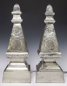 (2) MEXICO FOLK ART PIERCED TIN OBELISK-FORM 1-LT TABLE LANTERNS, 27"H