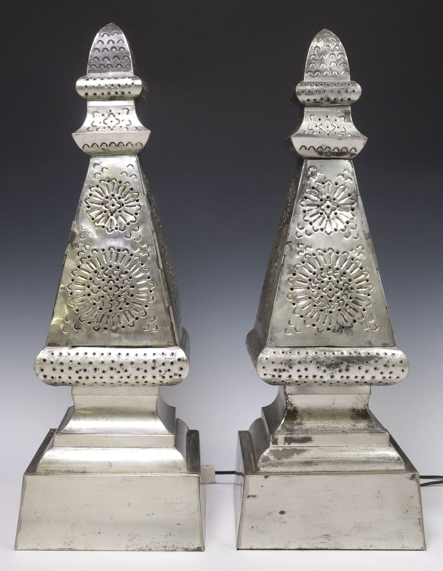(2) MEXICO FOLK ART PIERCED TIN OBELISK-FORM 1-LT TABLE LANTERNS, 27"H (1 of 5)