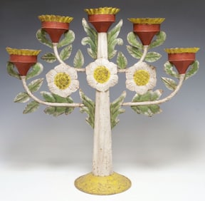 LARGE MEXICAN TOLE PAINTED METAL TREE OF LIFE CANDELABRUM