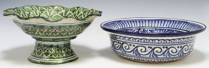 (2) MEXICO FOLK ART POTTERY COMPOTE & CENTERPIECE BOWL