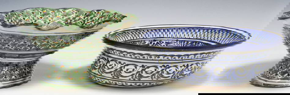 (2)  MEXICO FOLK ART POTTERY COMPOTE & CENTERPIECE BOWL: (lot of 2) Hand-painted pottery, Mexico, including: (1) compote with a peacock feather design, small chip to foot, approx 7&quot;h, 14&quot;diam, (1) large blue and white basin/ bowl, intact with two