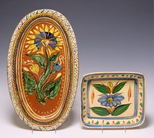 (2) TLAQUEPAQUE MEXICO FOLK ART HAND-PAINTED POTTERY SERVICE TRAYS