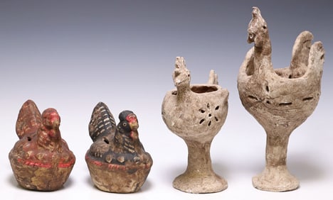 (4) MEXICO FOLK ART CHICKEN-FORM COIN BANKS & INCENSARIOS