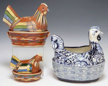(3) MEXICAN FOLK ART HAND-PAINTED POTTERY HENS ON NESTS