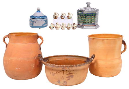(13) MEXICO FOLK ART TERRACOTTA & GLAZED POTTERY TABLEWARE: (lot of 13) Folk art pottery tableware, Mexico, 20th c., including: (3)&nbsp;partial-glazed&nbsp;terracotta vessels, Guanajuato,&nbsp;(two) jugs/ vessels,&nbsp;one&nbsp;stamped Felipe GTO underfoot, o