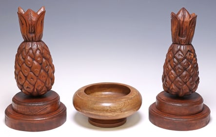 (3) CARVED WOOD PINEAPPLE FINIALS & TURNED BOWL