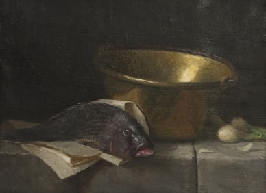 JUSTIN WOOD (B.1982) PANEL PAINTING STILL LIFE WITH BLACK SEA BASS