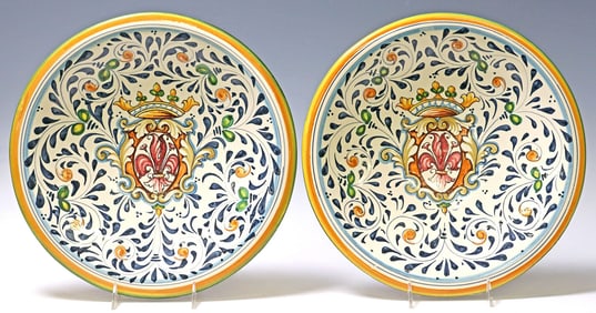 (2) ITALIAN MAJOLICA ARMORIAL WALL CHARGERS
