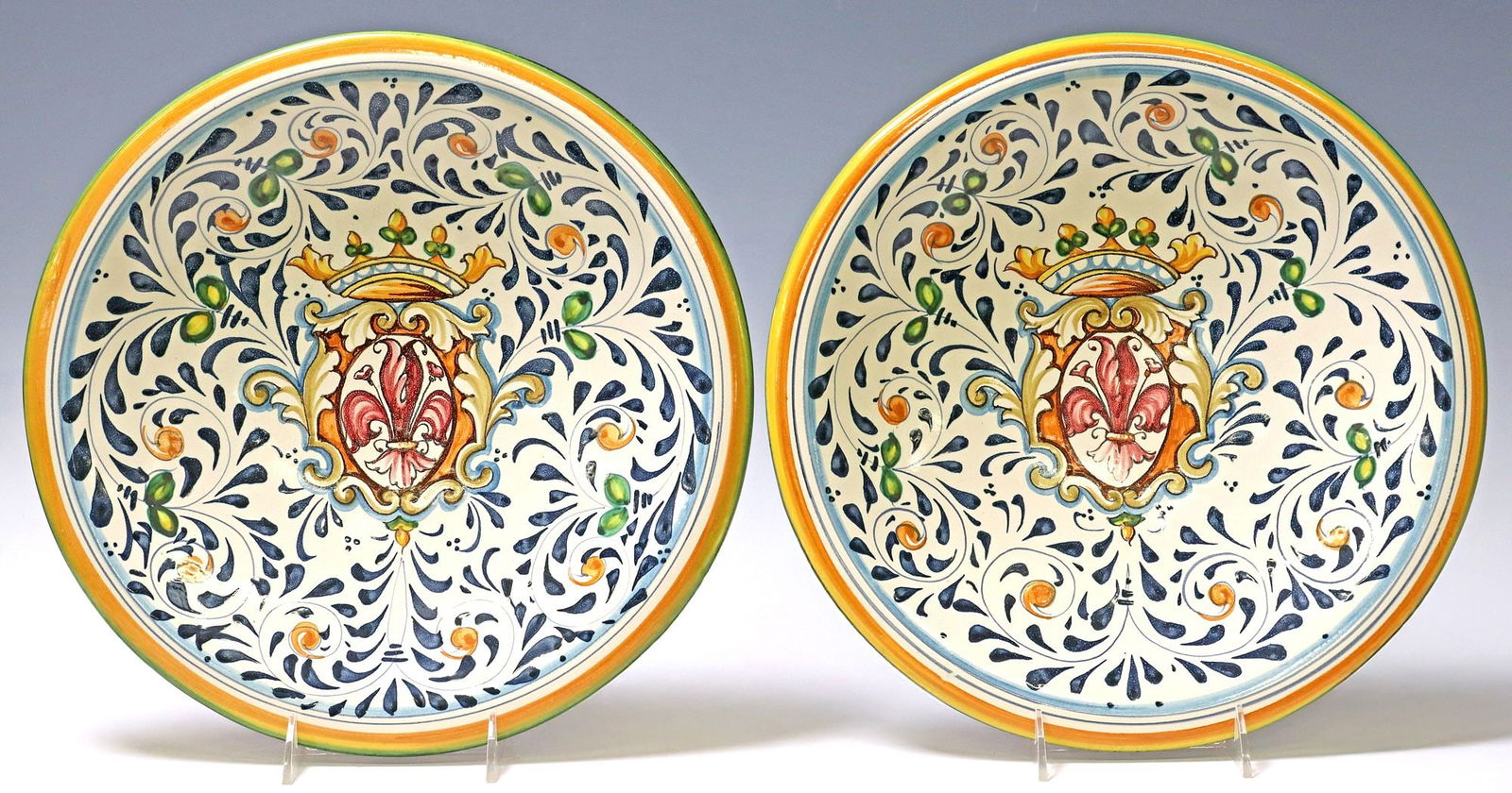 (2) ITALIAN MAJOLICA ARMORIAL WALL CHARGERS (1 of 3)