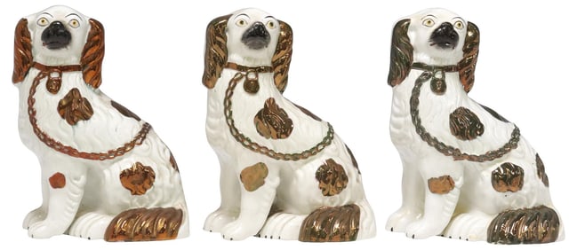 (3) ENGLISH VICTORIAN STAFFORDSHIRE LUSTER MANTEL DOGS