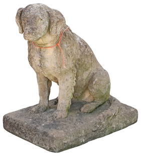 LIFE-SIZE CAST STONE GARDEN STATUE, SEATED HOUND: Life-sized cast stone garden statue, Seated Dog, on integral platform, approx 29.5&quot;h, 26&quot;w, 18&quot;d **PLEASE NOTE: All cast stone and garden pieces in this auction have inherent flaws and