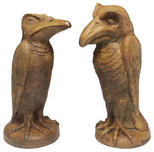 (2) LARGE CAST STONE GARDEN SCULPTURES MARTIN BROTHERS STYLE BIRDS: (pair) English cast stone&nbsp;garden statues, Brighthelm-stone, after the Martin Brothers, depicting perched grotesque birds, marked at base,&nbsp;largest:&nbsp;approx 19&quot;h, 7.5&quot;w, 9.5&quot