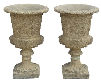 (2) CAST CONCRETE CAMPANA-FORM GARDEN URNS, 24"H