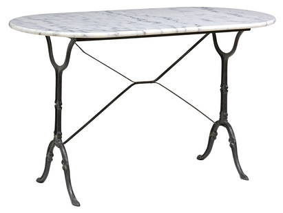 FRENCH MARBLE-TOP PAINTED CAST IRON BISTRO TABLE: French bistro table, 20th c., oval marble top, on black-painted cast iron base, approx 28"h, 47.5"w, 24"d **PLEASE NOTE: All garden pieces in this auction have inherent flaws and e