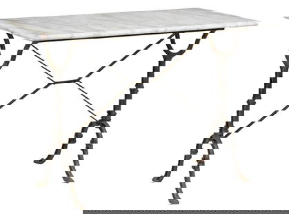 FRENCH MARBLE-TOP CAST IRON BISTRO TABLE: French bistro table, 20th c. rectangular bevel-edge marble top, on black-painted cast iron base, approx 28"h, 39.25"w, 23.25"d **PLEASE NOTE: All garden pieces in this auction