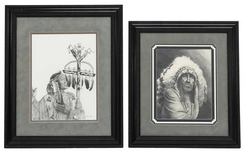 (2) AVIS RIDER (20THC) DRAWINGS OF NATIVE AMERICAN ELDERS: (lot of 2) Framed graphite on paper drawers, each signed Avis Rider (20th c.), including: (1) Elder in Fringed Jacket, signed lower right, sight: approx 16&quot;h, 12&quot;w, overall: approx 26.5&quot