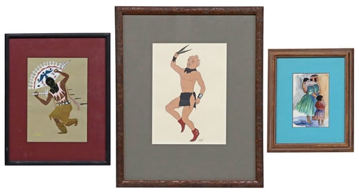 (3) FRAMED PAINTINGS OF NATIVE AMERICAN FIGURES, 1 KAI-SA (PERRY SANDY)