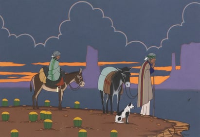 ARTHUR BEGAY (1932-2010) NAVAJO ELDERS WITH DONKEYS PAINTING, 14" X 20"