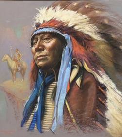 MARY B. PRICE (20THC) PASTEL PORTRAIT OF CHIEF HOLLOW HORN, 27" X 22"
